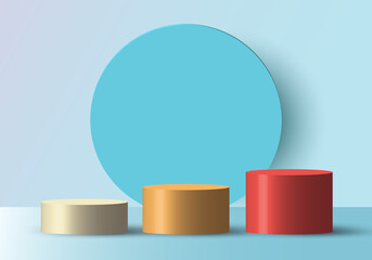 3D realistic empty white, yellow, red round step pedestal mockup with blue circle backdrop
