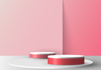 3D realistic empty red and white round pedestal mockup on soft pink backdrop