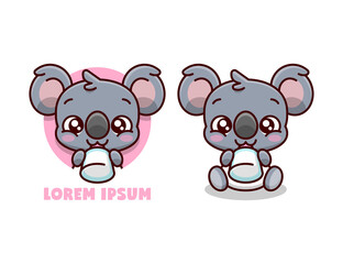 CUTE BABY KOALA DRINKS A BOTTLE OF MILK CARTOON MASCOT.