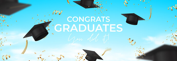 Horizontal banner for design of graduation. Realistic graduation caps, confetti and serpentine flying in the air over the clouds. Congratulations graduates. Vector illustration for degree ceremony.