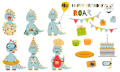 Cute dinosaurs collection. Dino set for kid. Vector illustration.