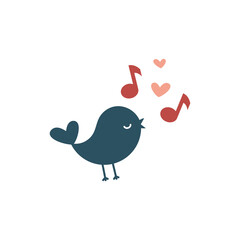 Cute bird with music notes and hearts cartoon. Songbird singing silhouette.
