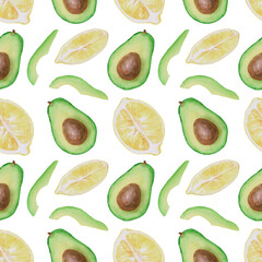 The pattern. Halves and slices of lemon and avocado. Watercolour. The images are hand-drawn and isolated on a white background.