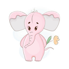 Cute pink elephant in cartoon style. Vector illustration.