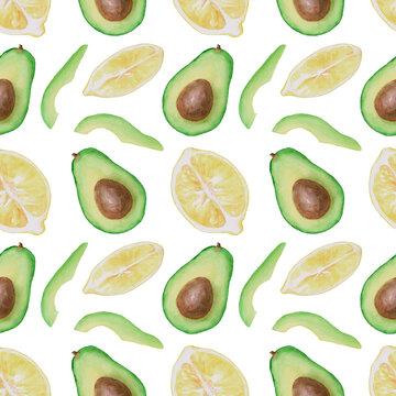 The pattern. Halves and slices of lemon and avocado. Watercolour. The images are hand-drawn and isolated on a white background.
