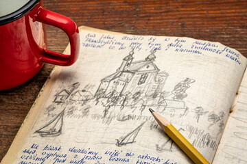 A detail from a 1970s vintage travel journal with handwriting and pencil sketches (property release...