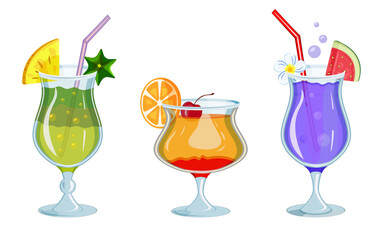 Tropical cocktails in glass goblets with drinking straws. Bright festive alcoholic drinks decorated with fruits, watermelon, pineapple and cherry. Vector illustration of cold summer lemonade.
