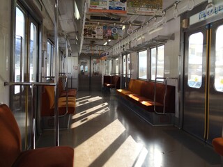 日本の電車の車内です。季節は冬です。