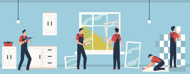 Group of repairmen doing renovation in the house. Cartoon workers are drilling the wall, installing windows, laying tiles. Vector illustration in flat style.