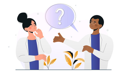 Patient and doctor having a discussion with question mark in bubble