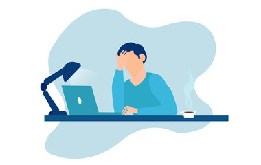 Vector of stressed tired man sitting at table working on laptop computer