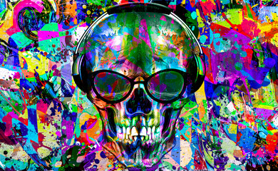 colorful background with bubbles and skull dj