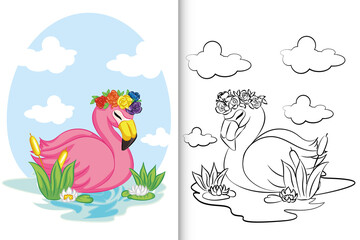 Flamingo swimming on the lake for coloring book, coloring page.