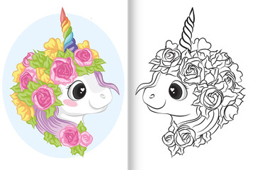 Coloring unicorn with colorful horn and flower