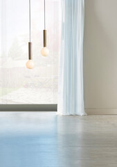 empty living room interior decoration wooden floor, stone wall concept. decorative background for home, office and hotel