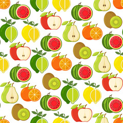 Seamless pattern with lemon, orange, lime, kiwi, apple, pear, watermelon. Vector fruity background.
