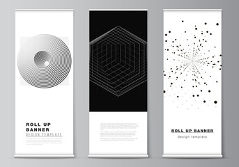 Vector layout of roll up design templates for vertical flyers, flags design templates, banner stands. Black color technology background. Digital visualization of science, medicine, tech concept.