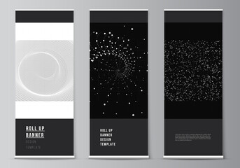 Vector layout of roll up mockup templates for vertical flyers, flags design templates, banner stands, advertising. Abstract technology black color science background. Digital data. High tech concept.