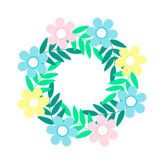 Simple colored flowers and green leaves wreath.Spring round floral composition.Vector illustration.