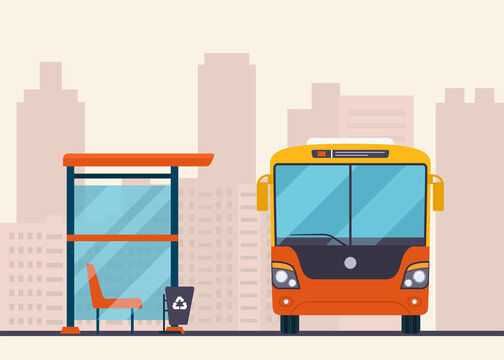 Bus And Bus Stop On Abstract Cityscape Background. Vector Flat Illustration.