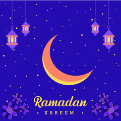 Ramadan Kareem islamic design vector crescent moon  with arabic pattern and lantern. Ramadan kareem illustration vector background banner.