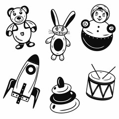 Set of creative cartoon contour child toys icons. Child toy. Idea for decors, picture in frame, gifts, ornaments, celebrations, greeting, holidays, childhood themes.  Vector isolated artwork. 