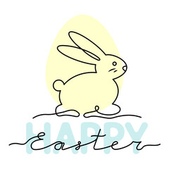 Happy Easter. Vector single line art. Postcard with picture of bunny and eggs silhouette	