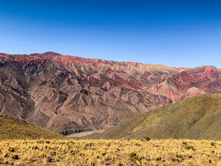 Mountain colors. Panoramic view of Rainbow Mountain. Travel and wanderlust concept 