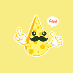 cute and kawaii awaii cheese character. Funny happy smiling cheese. Flat cartoon character illustration icon. Happy funny asian character for children's restaurant menu, Fast Food sticker