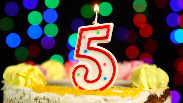 Number 5 Happy Birthday Cake Witg Burning Candles Topper.