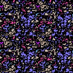 A seamless pattern of stylized shapes in flash colors on black.