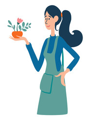 A young beautiful woman holds a pot with a plant in her hands. Flower shop, flower shop employee. Gardening, Hobbies, spring activity, country. Cartoon Flat Illustration