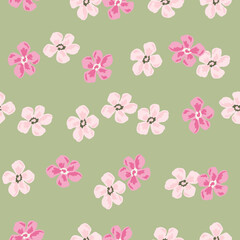 Vintage seamless pattern with random pink colored flowers bud ornament. Green pale background. Botany artwork.