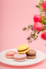 Colorful macaroons on white plate, pink background, flowers. Mothers, women day, Valentines day, birthday, spring, Easter. Copy space, vertical