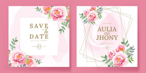 Elegant wedding invitation card set template with beautiful floral and leaves