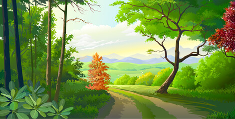 A landscape of a path through a green forest and across the beautiful meadows. Autumn leaves and mountains in the background