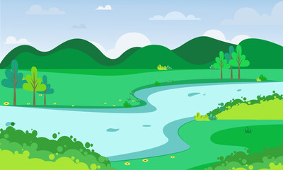 Vector illustration of a beautiful nature landscape with river.