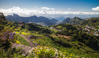 Looking into a valley with ocean in the background n Anaga mountains on Tenerife Canary Islands