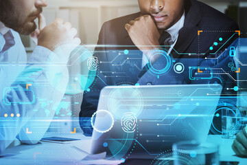 Business people network with laptop, data information digital hud