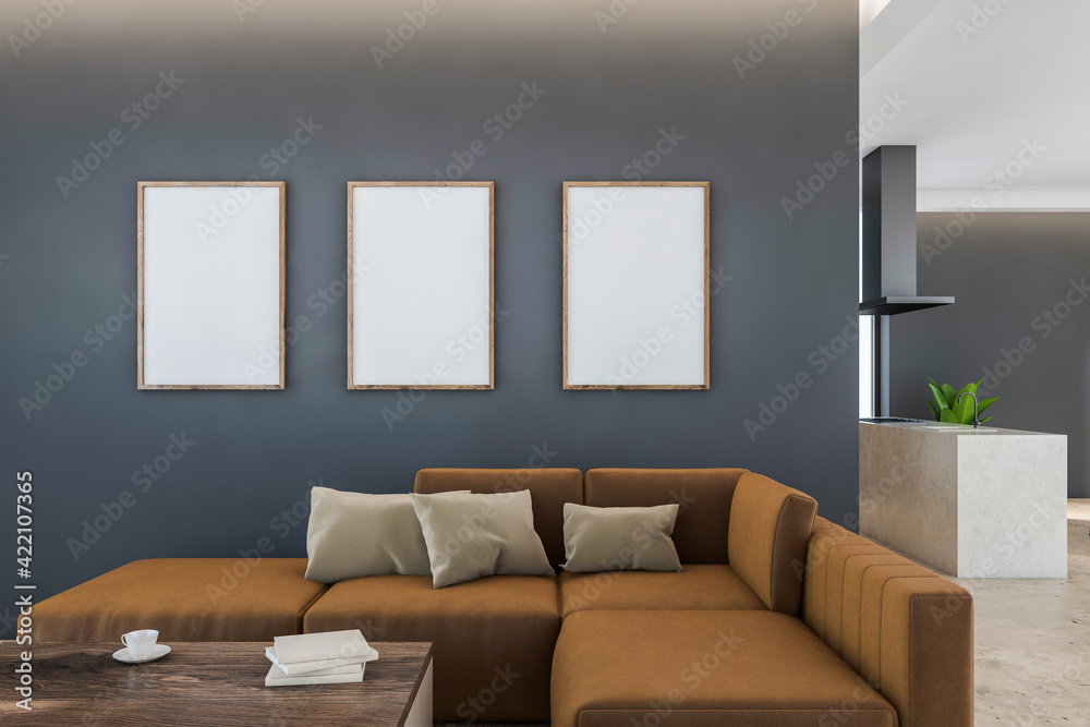 Wall mural Mockup frames in living room interior with modern furniture and kitchen