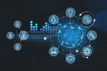 Digital blue hologram with network and data icons