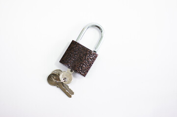 Open padlock on white background. Broken lock. Security and hacking. Brown padlock.