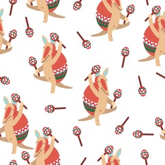 Seamless pattern. Baby armadillo character. Cute and funny. Beige and red. Ornament on shell. Dancing with maracas. Cartoon style. Nature and ecology. Post cards, textile, wallpaper or wrapping paper