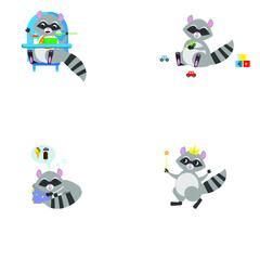 Baby raccoons. Set.  Games, joy, toys.