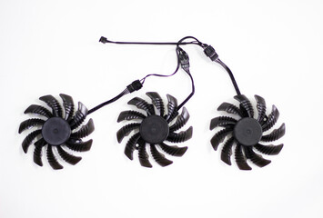 Video card fans. Coolers cooling processor on white background. Computer fan rotating with blades.