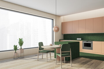 Living room interior with eating table and kitchen set