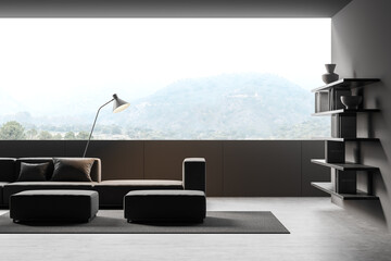 Modern dark living room interior with countryside view and bookshelf