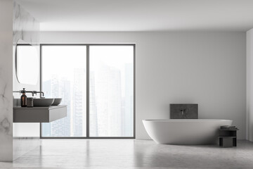 Front view of modern bathroom with double sink and white bathtub, large panoramic window, city view, minimalistic marble and concrete interior design.