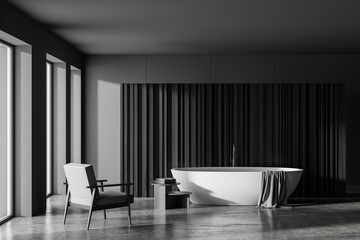 Fototapeta na wymiar Dark bathroom interior with bathtub, slatted partition and panoramic window