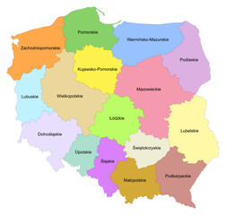 Carte de Pologne avec représentation des provinces - Libellés des provinces en polonais - Textes vectorisés et non vectorisés sur calques séparés